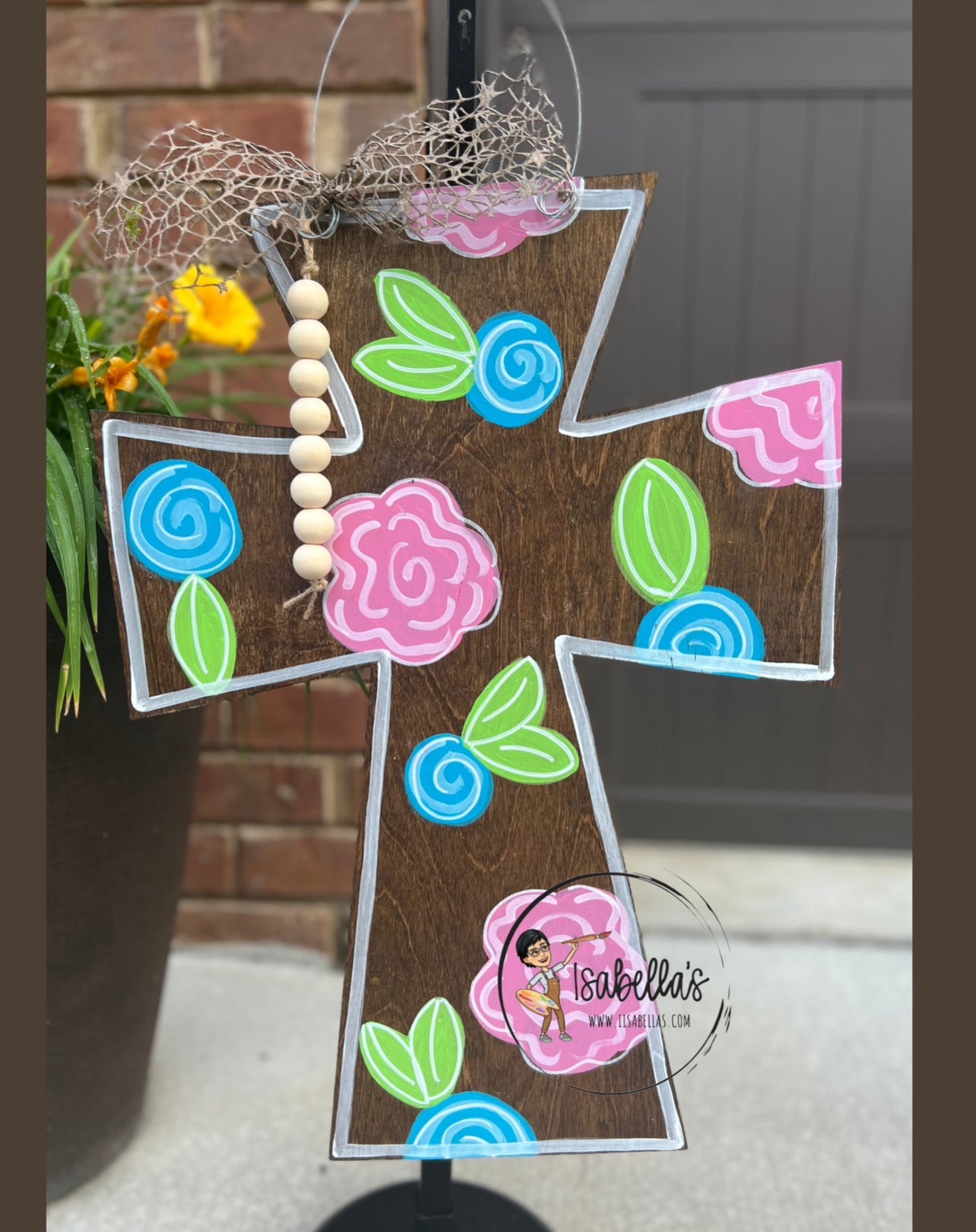 STAINED FLORAL CROSS DOOR HANGER